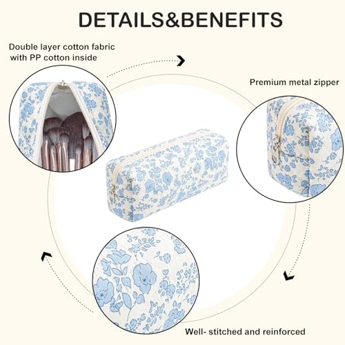WHHJM Cute Floral Makeup Brush Bag Small Cotton Quilted Cosmetic Bag for Women Travel Toiletry Zipper Make Up Pouch (Blue Floral) - Image 4