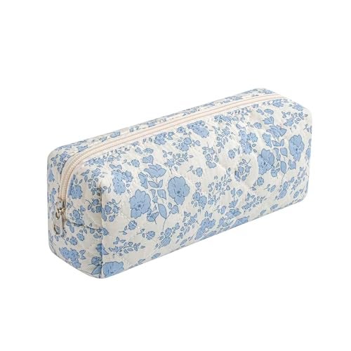 WHHJM Cute Floral Makeup Brush Bag Small Cotton Quilted Cosmetic Bag for Women Travel Toiletry Zipper Make Up Pouch (Blue Floral) - Image 1