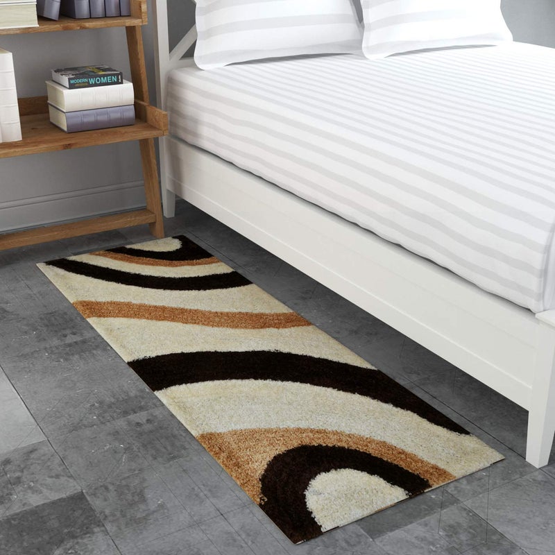 TIB ® Shaggy Bedside Runner Carpet – Soft Hallway & Bedroom Rug for Living Room, Dining, Office (Lines-Cream) - Image 1