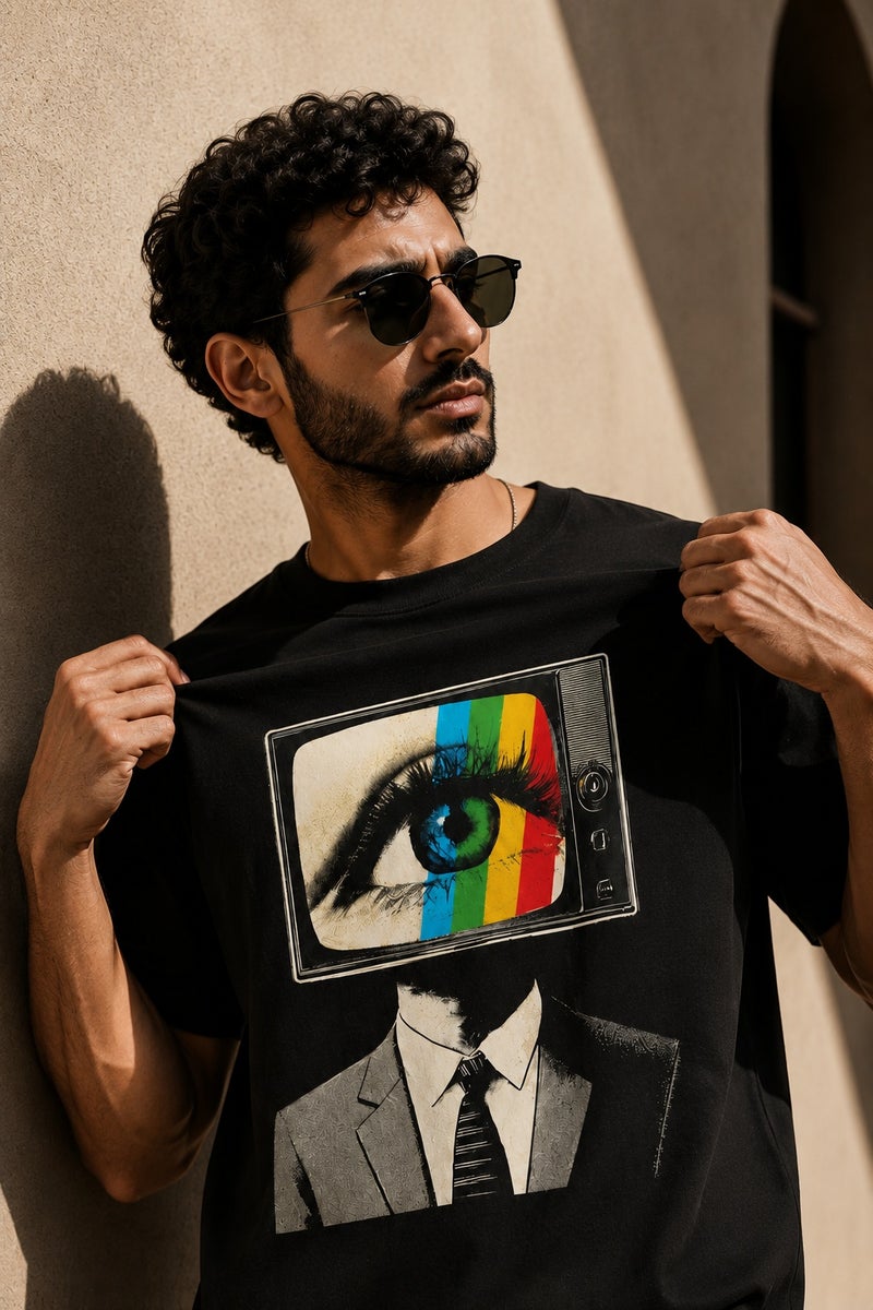 تي شيرت رجالي أسود بقصة واسعة وطبعة جرافيك كرتونية، كم قصير، ستايل ستريت وير عصري - Image 1