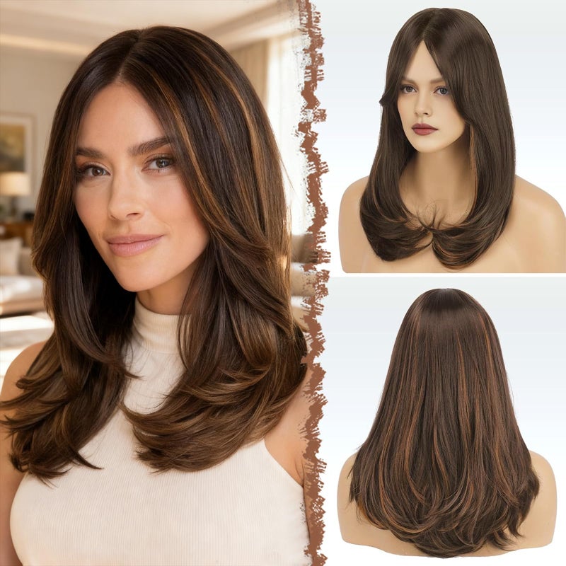 FESHFEN Wigs with Bangs for Women, Synthetic Natural Looking Long Layered Straight Hair Wig for Women Daily Party Use, 18 inch Brown Mixed Auburn - Image 1