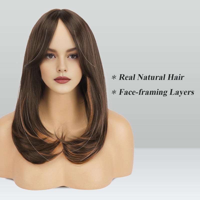 FESHFEN Wigs with Bangs for Women, Synthetic Natural Looking Long Layered Straight Hair Wig for Women Daily Party Use, 18 inch Brown Mixed Auburn - Image 2