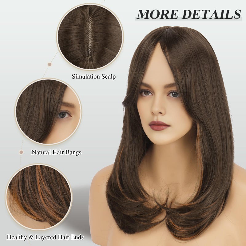 FESHFEN Wigs with Bangs for Women, Synthetic Natural Looking Long Layered Straight Hair Wig for Women Daily Party Use, 18 inch Brown Mixed Auburn - Image 4