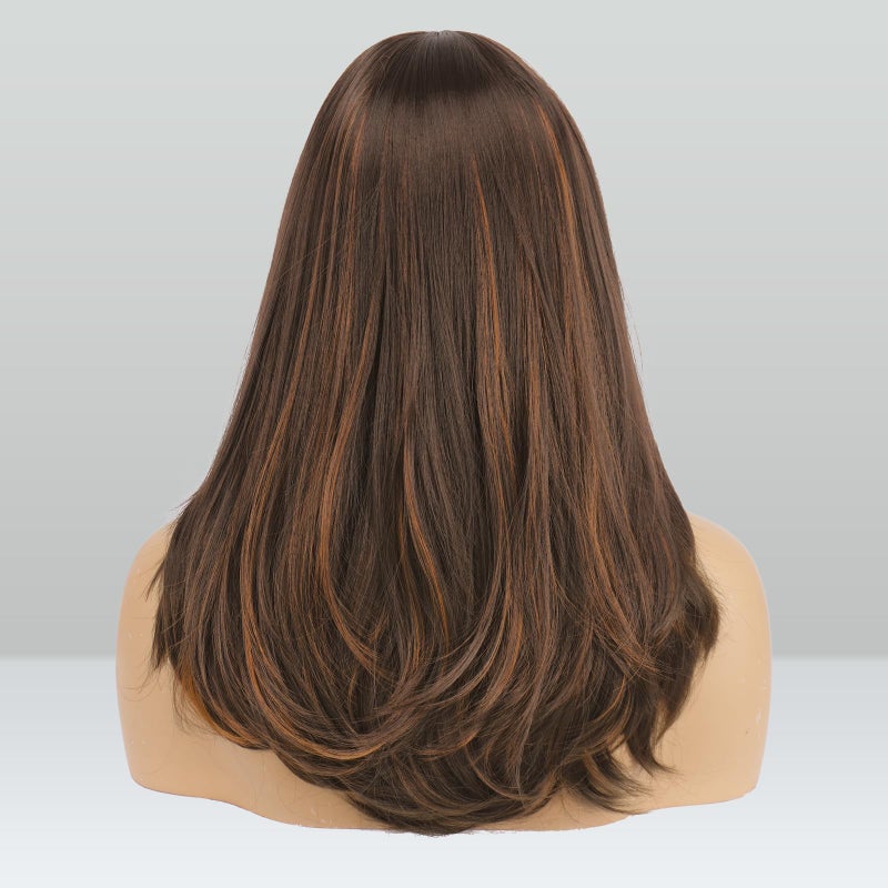 FESHFEN Wigs with Bangs for Women, Synthetic Natural Looking Long Layered Straight Hair Wig for Women Daily Party Use, 18 inch Brown Mixed Auburn - Image 3