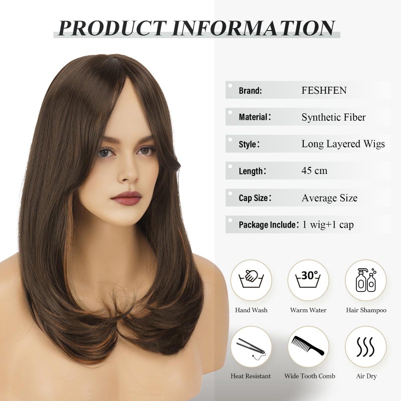 FESHFEN Wigs with Bangs for Women, Synthetic Natural Looking Long Layered Straight Hair Wig for Women Daily Party Use, 18 inch Brown Mixed Auburn - Image 5
