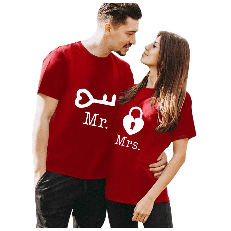 New Women's Wear Mr Mrs Letter Lock Key Short Sleeve European Size Couple Casual Loose T-Shirt - Image 2