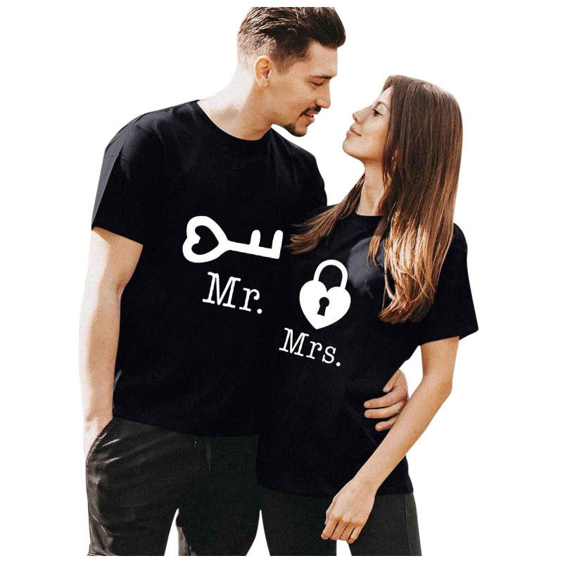 New Women's Wear Mr Mrs Letter Lock Key Short Sleeve European Size Couple Casual Loose T-Shirt - Image 4