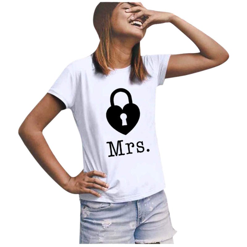 New Women's Wear Mr Mrs Letter Lock Key Short Sleeve European Size Couple Casual Loose T-Shirt - Image 1