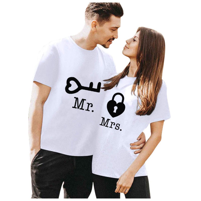 New Women's Wear Mr Mrs Letter Lock Key Short Sleeve European Size Couple Casual Loose T-Shirt - Image 3