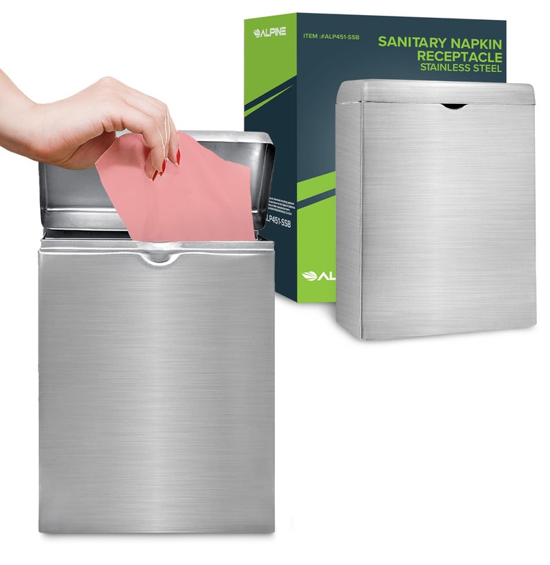 Alpine Industries Alpine Sanitary Napkin Receptacle  Wall Mounted Tampon Holder For Bathroom Provides Clean  OdorFree Restroom for Home Office  Public Restrooms Stainless steel 