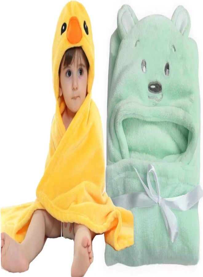 First Kick Baby Blankets Newborn Combo Pack of Super Soft Bathrobe Baby Wrapper Durable Polyester Cum Baby Bath Towel for Baby Boys Girls (80cm x 80cm, 0-6 Months) Pack of 2 Yellow Duck, Green Dog - Image 1