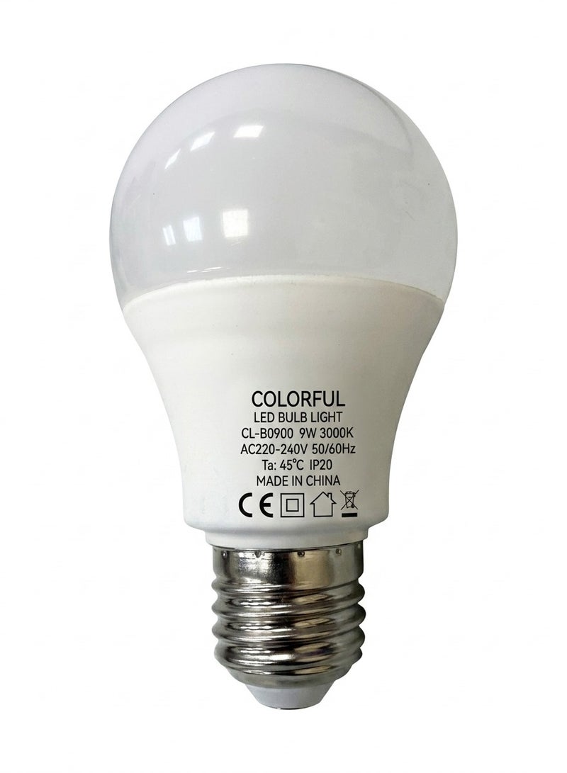 مصباح LED ملون بقاعدة لولبية E27 وقدرة 9 واط، ضوء أبيض دافئ (3000 كلفن)، جهد 220-240 فولت