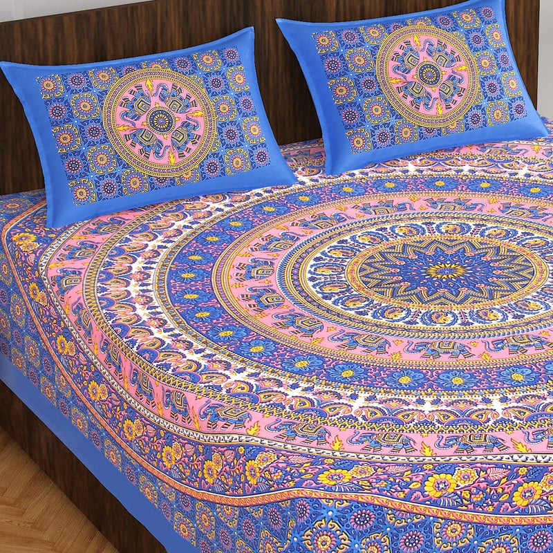 Meejoya 100 Queen Size Rajasthani Jaipuri Traditional Sanganeri Print 144 TC Cotton Double Size Bedsheet with 2 Pillow Covers Multicolor Bedsheets 119 - Image 2