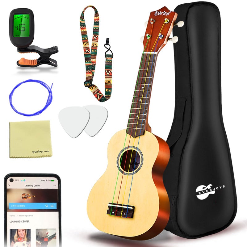 Everjoys Soprano Ukulele Beginner Pack21 Inch wRainbow String Free Online Lesson Gig Bag Digital Tuner Pick All in One Kit