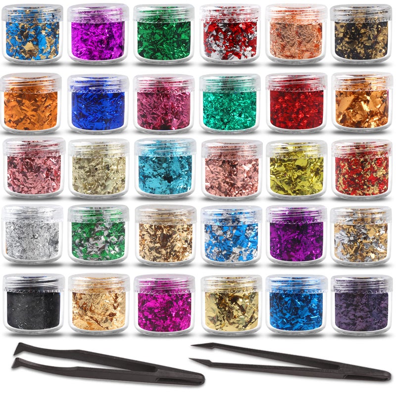 Gold Flakes for Resin 30 Colors Metallic Foil Flakes Colored Gilding Flakes Craft Foil with Tweezers for Resin Nail Art Jewelry Making Candle Molds  Painting