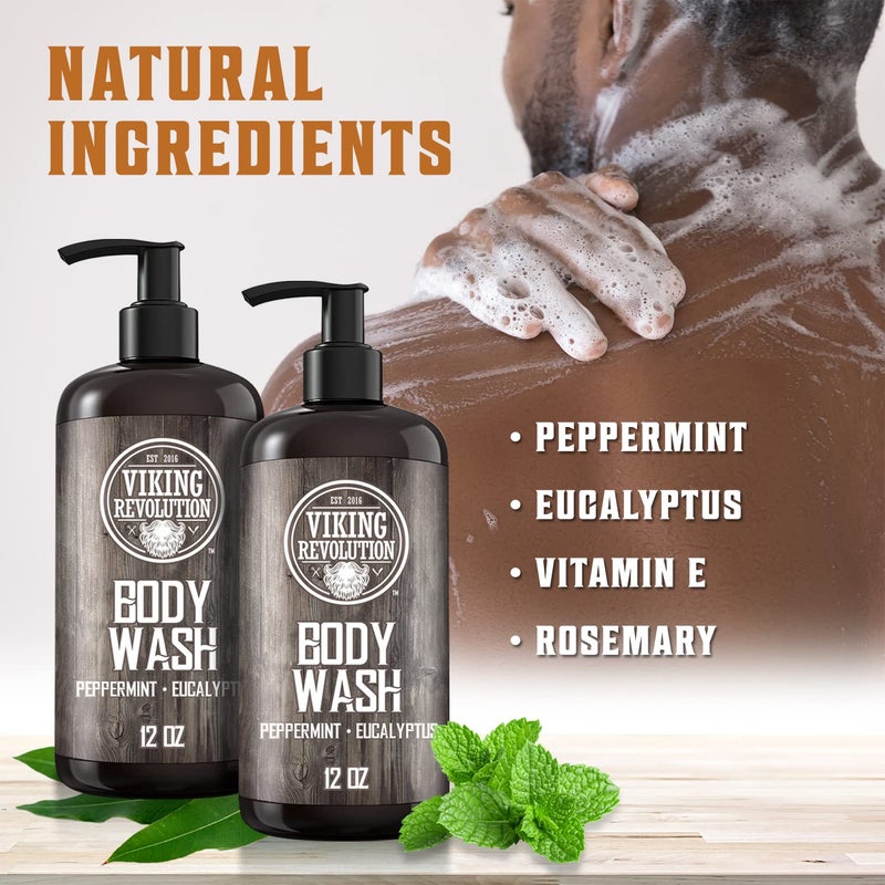 Viking Revolution Men's Body Wash - Eucalyptus Peppermint Body Wash for Men - Mens Natural Body Wash with Vitamin E and Rosemary Oil - Mens Shower Gel Liquid Soap - Peppermint Mens Bodywash (2 Pack) - Image 2