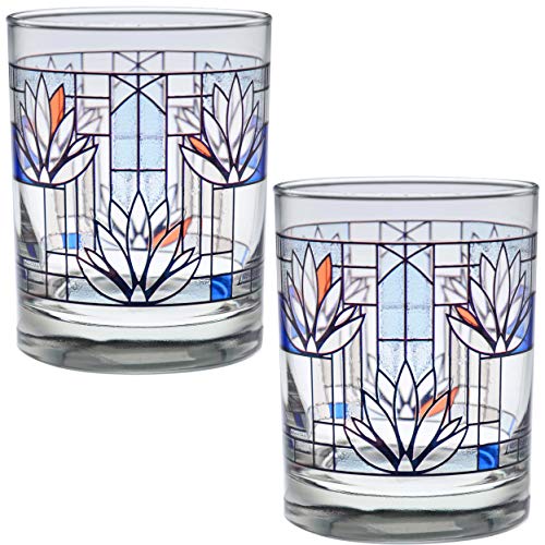 Culver Frank Lloyd Wright DOF Double Old Fashioned Glass 14-Ounce (Gift Boxed Set of 2, Waterlilies) - Image 1