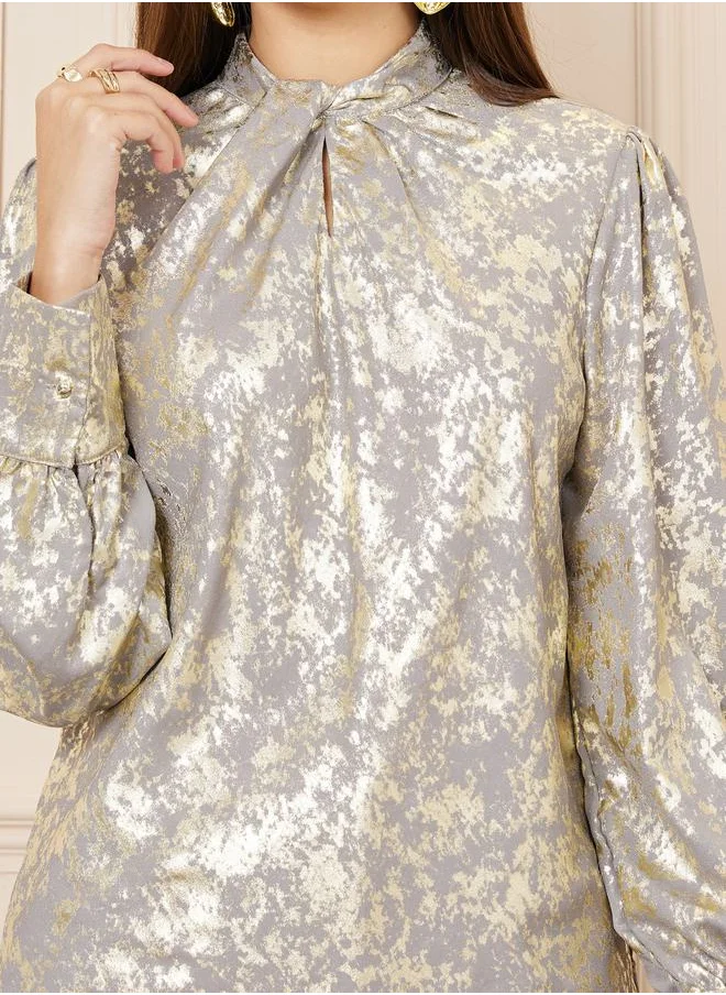 Styli Foil Print Twist Detail High Neck Top