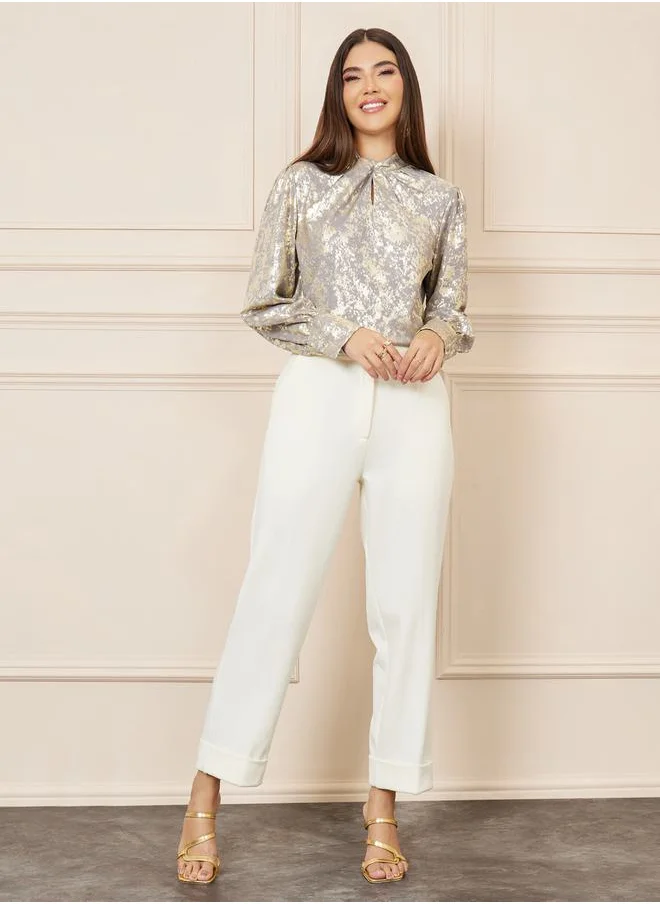 Styli Foil Print Twist Detail High Neck Top