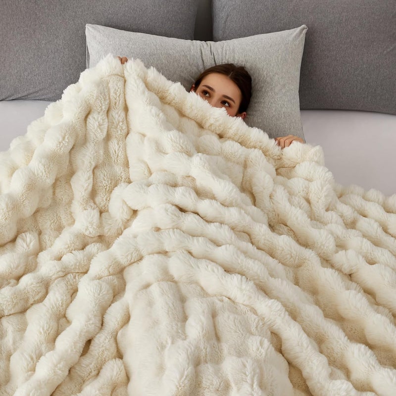 COOVA Faux Fur Throw Blanket for Couch, Cozy Soft and Fuzzy Plush Rabbit Fur Bubble Blanket for Sofa Bedroom Living Room, 50x60 Inches Ivory White - Image 4