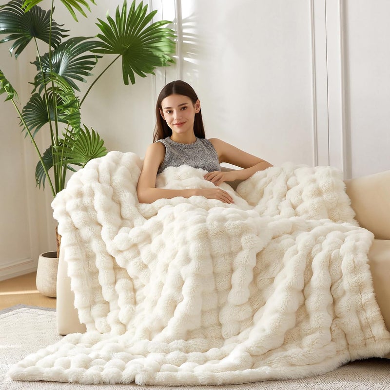 COOVA Faux Fur Throw Blanket for Couch, Cozy Soft and Fuzzy Plush Rabbit Fur Bubble Blanket for Sofa Bedroom Living Room, 50x60 Inches Ivory White - Image 2