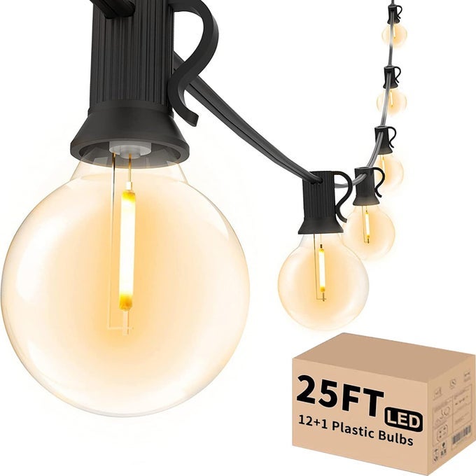 OUTDOOR STRING LIGHTS LED 25 FT PATIO GLOBE LIGHTS WITH 13 PLASTIC G40 BULBS WATERPROOF DIMMABLE OUTSIDE HANGING LIGHT FOR BACKYARD BISTRO CAFE PORCH PARTY DECOR 2700K WARM WHITE