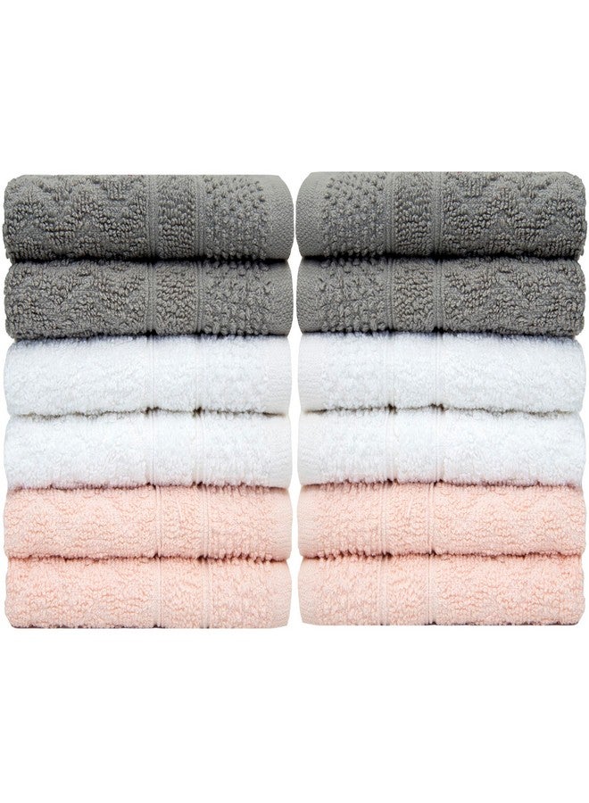 PH Pleasant Home Pleasant Home Chevron Wash Cloths Set - 12 Pack (12” x 12”) - 509 GSM - 100% Ring Spun Cotton Wash Cloth - Super Soft and Highly Absorbent Face Towels (Light Grey, White & Pink) - Image 3