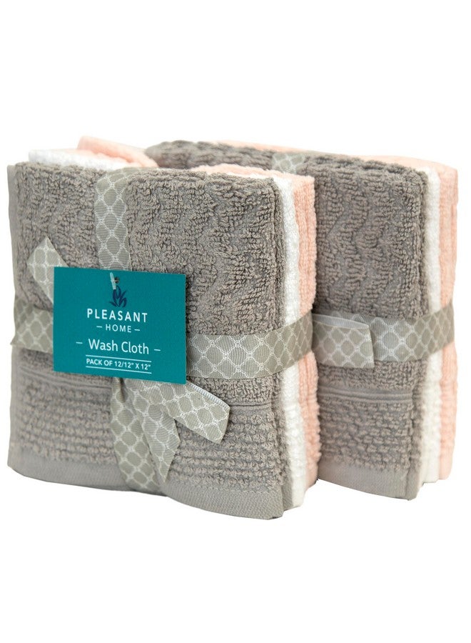 PH Pleasant Home Pleasant Home Chevron Wash Cloths Set - 12 Pack (12” x 12”) - 509 GSM - 100% Ring Spun Cotton Wash Cloth - Super Soft and Highly Absorbent Face Towels (Light Grey, White & Pink) - Image 1