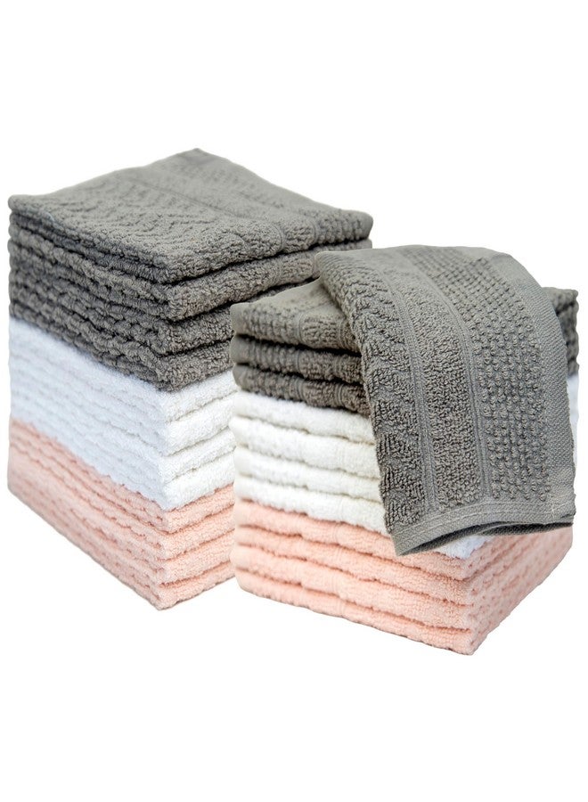 PH Pleasant Home Pleasant Home Chevron Wash Cloths Set - 12 Pack (12” x 12”) - 509 GSM - 100% Ring Spun Cotton Wash Cloth - Super Soft and Highly Absorbent Face Towels (Light Grey, White & Pink) - Image 2