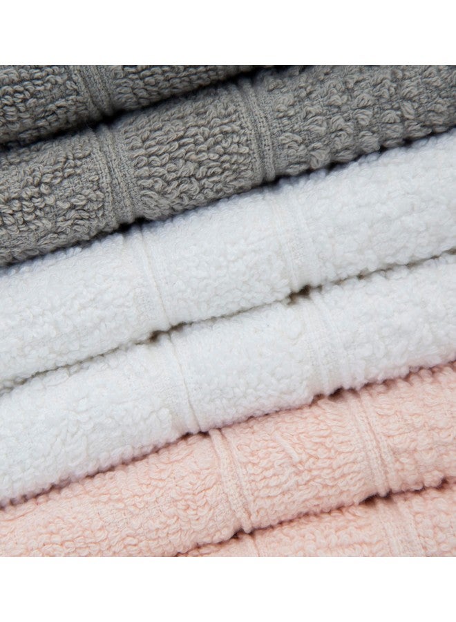 PH Pleasant Home Pleasant Home Chevron Wash Cloths Set - 12 Pack (12” x 12”) - 509 GSM - 100% Ring Spun Cotton Wash Cloth - Super Soft and Highly Absorbent Face Towels (Light Grey, White & Pink) - Image 4