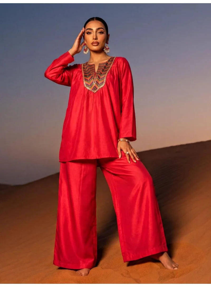 globus Globus Women Pink Sequin Embroidered Yoke Bell Sleeves Gathered Detail Tunic With Palazzos Fusion Co-Ord Set