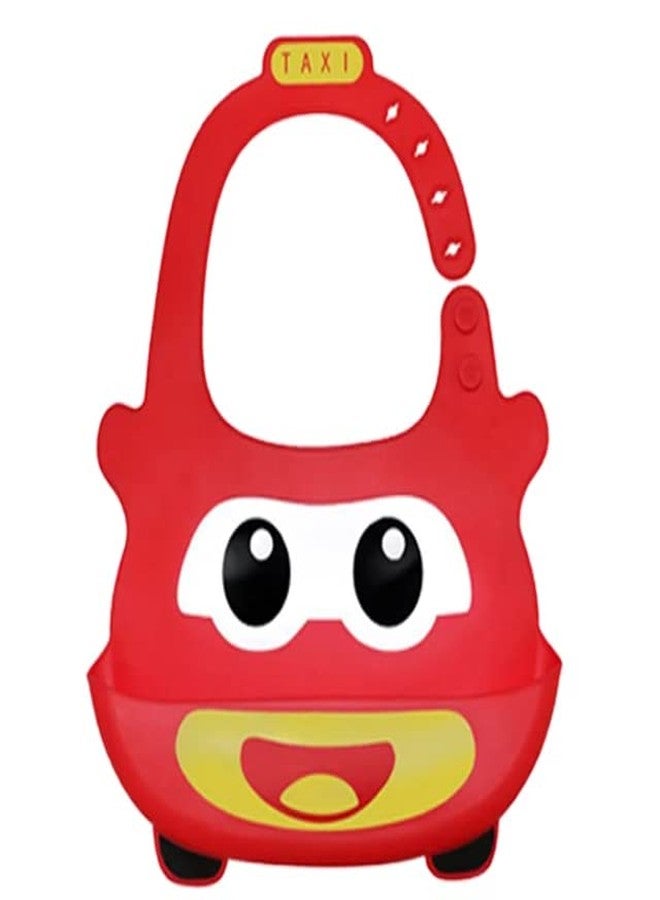 RIANZ Silicone Taxi Baby Bibs, Waterproof Baby Drool Bibs with Wide Pocket BPA-Free Easily Wipe Clean Cute Cartoon Design for Unisex Infant Babies Toddlers (6 to 48 Months) (Red) - Image 1