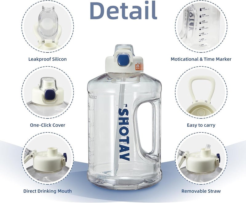 SHOTAY 2.0L Sports Water Bottles Half Gallon Motivational with Time Marker Removable Straw, BPA Free And Leakproof, Big Water Jug for Fitness, Gym, Sports And Camping. White - Image 3
