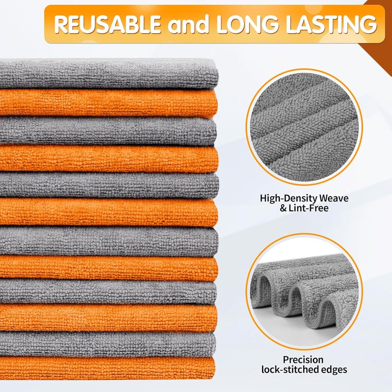 FIXSMITH Microfiber Cleaning Cloth - 12 Pack, Highly Absorbent Grey & Orange Towels, 16" x 12" for All-Purpose Cleaning - Image 3