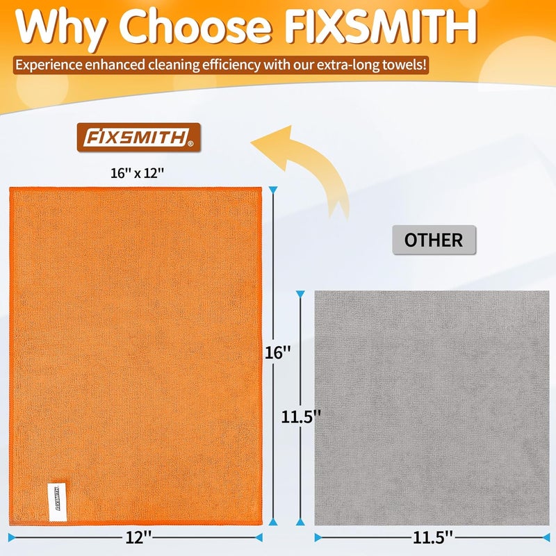 FIXSMITH Microfiber Cleaning Cloth - 12 Pack, Highly Absorbent Grey & Orange Towels, 16" x 12" for All-Purpose Cleaning - Image 2