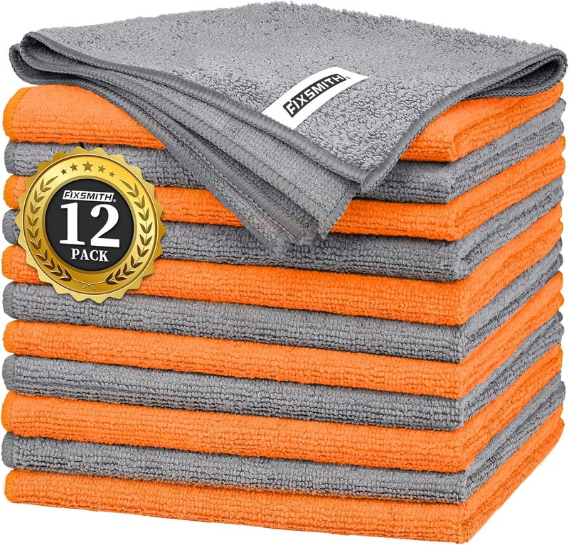 FIXSMITH Microfiber Cleaning Cloth - 12 Pack, Highly Absorbent Grey & Orange Towels, 16" x 12" for All-Purpose Cleaning - Image 1