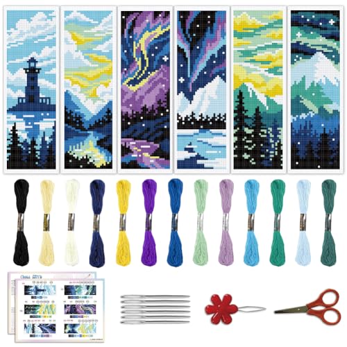 ACRNIGHEET 6PCS Cross Stitch Bookmark Kit for Beginner Stamped Cross Stitch Kits for Adults DIY Embroidery Bookmark Kits Crossstitch Kits Adult with Instructions Hand Craft Gift 8.5''x3'' 11CT - Image 1