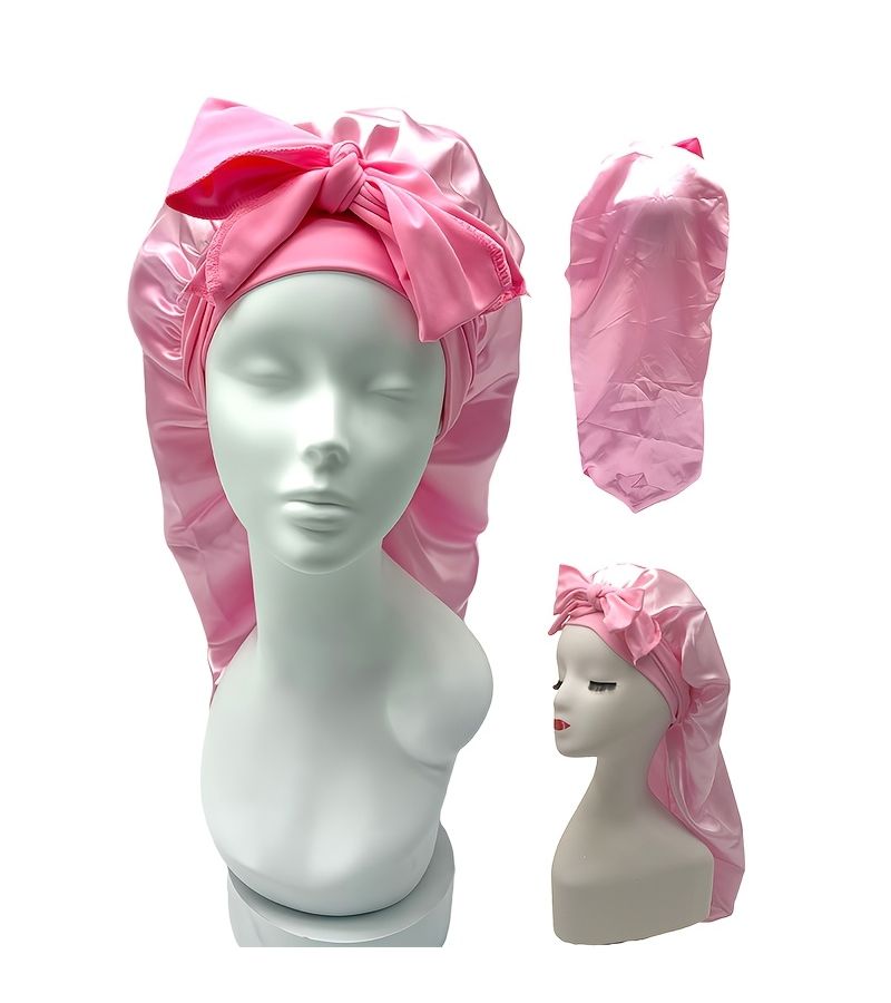 Pink Satin Sleep Bonnet With Elastic Band And Adjustable Long Strap For Braids Dreadlocks Curly Hair - Image 2