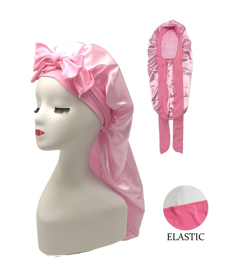 Pink Satin Sleep Bonnet With Elastic Band And Adjustable Long Strap For Braids Dreadlocks Curly Hair - Image 3
