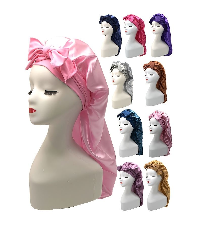 Pink Satin Sleep Bonnet With Elastic Band And Adjustable Long Strap For Braids Dreadlocks Curly Hair - Image 1
