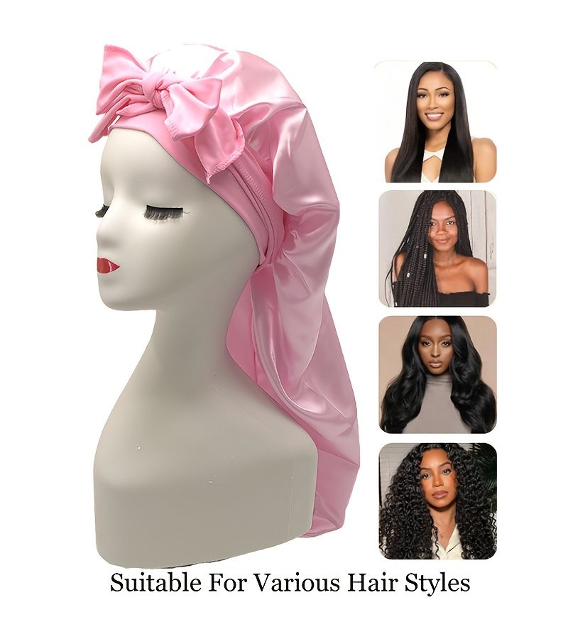 Pink Satin Sleep Bonnet With Elastic Band And Adjustable Long Strap For Braids Dreadlocks Curly Hair - Image 5