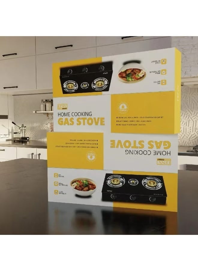 Denx 3 Burner Gas Stove with Auto Ignition, Portable Tabletop Stove with Tempered Glass Top, Cast Iron Burners and Durable Pot Holders - Perfect for Home, Apartment, Kitchen, Camping and Outdoor Parties - Image 3