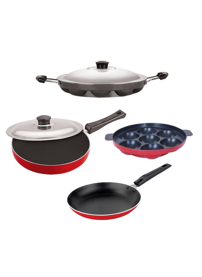 Nirlon Aluminium Cookware Set, 4-Pieces, Red and Black, FP13_TP_AP(7)_AP(12)