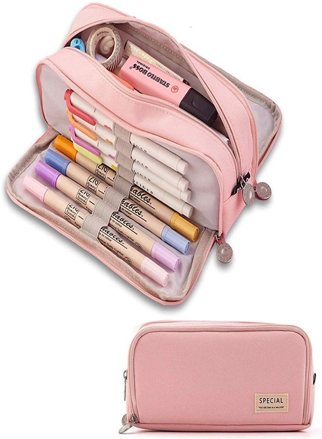 SeBeLi Pen Case Large Capacity 3 Compartments Canvas Makeup Cosmetic Pouch for Women Adults Study Office Organizer (Pink) - Image 1