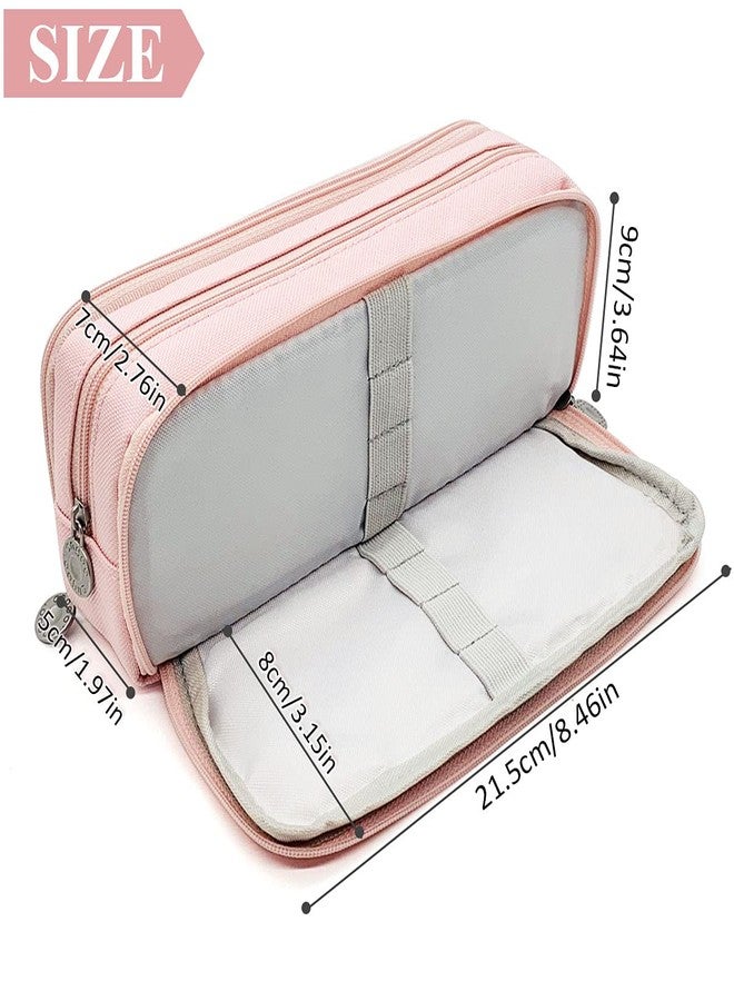 SeBeLi Pen Case Large Capacity 3 Compartments Canvas Makeup Cosmetic Pouch for Women Adults Study Office Organizer (Pink) - Image 2