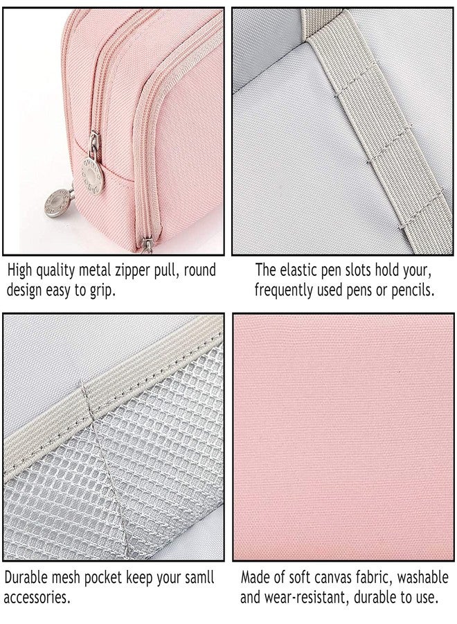 SeBeLi Pen Case Large Capacity 3 Compartments Canvas Makeup Cosmetic Pouch for Women Adults Study Office Organizer (Pink) - Image 4