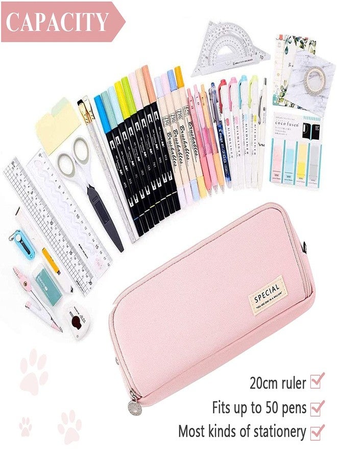 SeBeLi Pen Case Large Capacity 3 Compartments Canvas Makeup Cosmetic Pouch for Women Adults Study Office Organizer (Pink) - Image 3