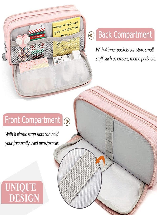 SeBeLi Pen Case Large Capacity 3 Compartments Canvas Makeup Cosmetic Pouch for Women Adults Study Office Organizer (Pink) - Image 5