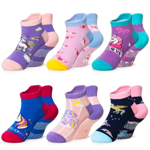Eyean Kids Ankle Cotton Socks Cute Animal Pattern Soft Non Slip Boys Girls No Show Socks 6 Pairs (Non Slip-Unicorn, 6-8 Years) - Image 1