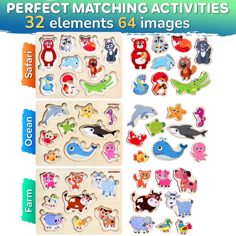 QUOKKA Wooden Puzzles for Toddlers Ages 1-3-5 – Animal Peg Puzzles for Kids 2-4 Years Old – Set of 3 Wood Learning Travel Toys for Children – Gift Educational Game for Boys and Girls - Image 2